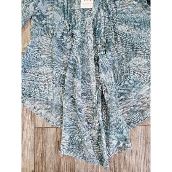 Nwt Rvca Sheer Snake Print Bluse W/ Flared Sleeves In Aqua Blue&Green Size Large - Picture 2 of 9